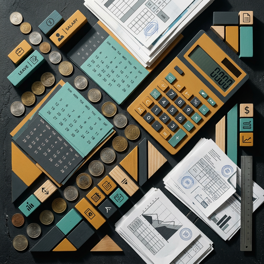 Payroll documents, calendars, coins, calculator, and salary and leave blocks