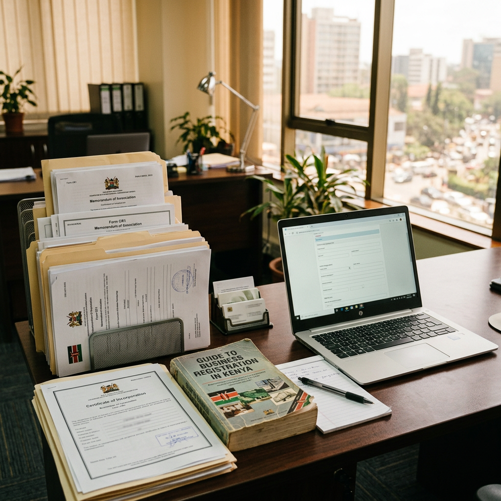 Kenyan registration documents labeled Memorandum of Association, Form CR1, and Certificate of Incorporation