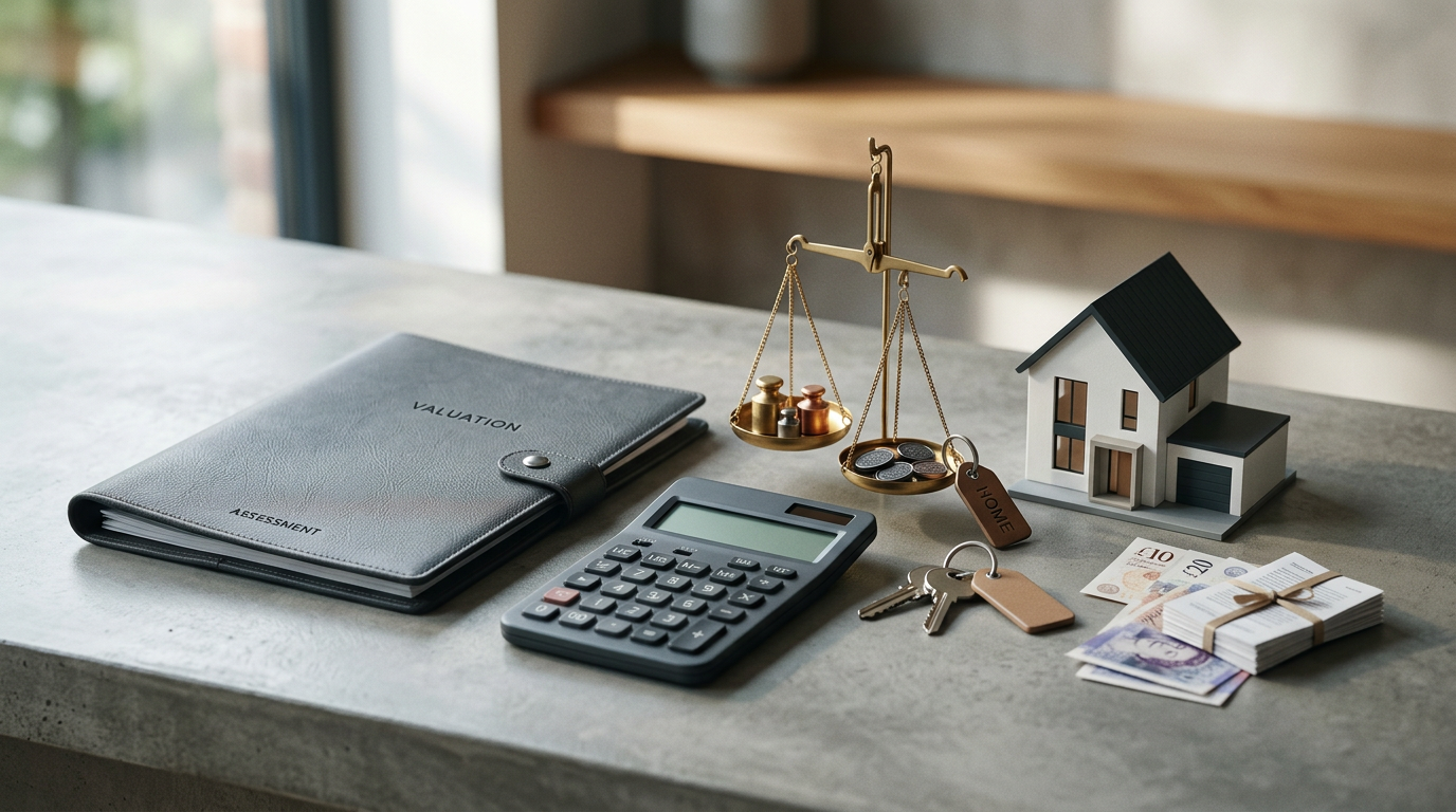 Property valuation folder, calculator, house model, keys, scales, and banknotes